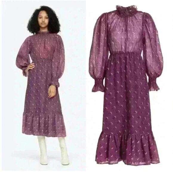 Sea New York purple floral wool blend ruffle trim midi dress size 4 - Picture 2 of 16